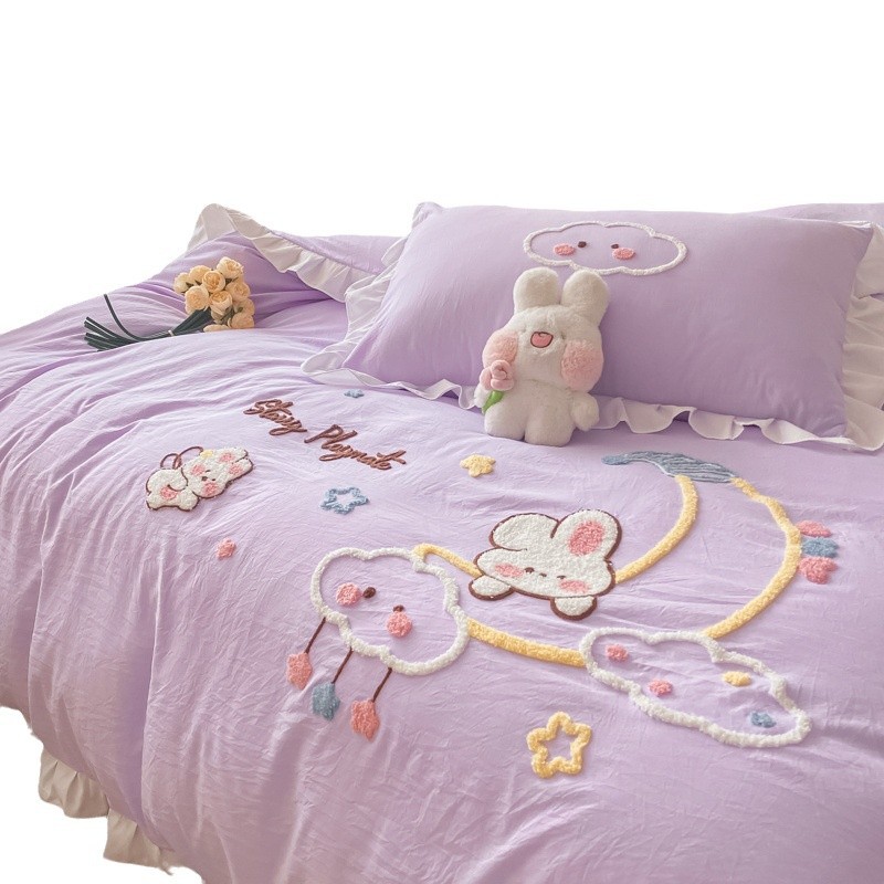 Nuova selezione cartone animato ragazza che dorme nuda tinta unita cotone quattro pezzi set copripiumino lenzuolo tre pezzi set_voghion.com