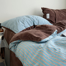 复古A色织水洗棉B面牛奶绒四件套加厚博主风ins秋冬珊瑚绒三件套