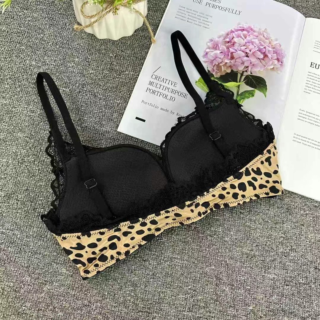 Inventario de ropa interior sexy con hebilla frontal con estampado de leopardo reunido, gran soporte superior, anti-flacidez, sujetador de mujer de encaje sin anillo de acero 6060 #