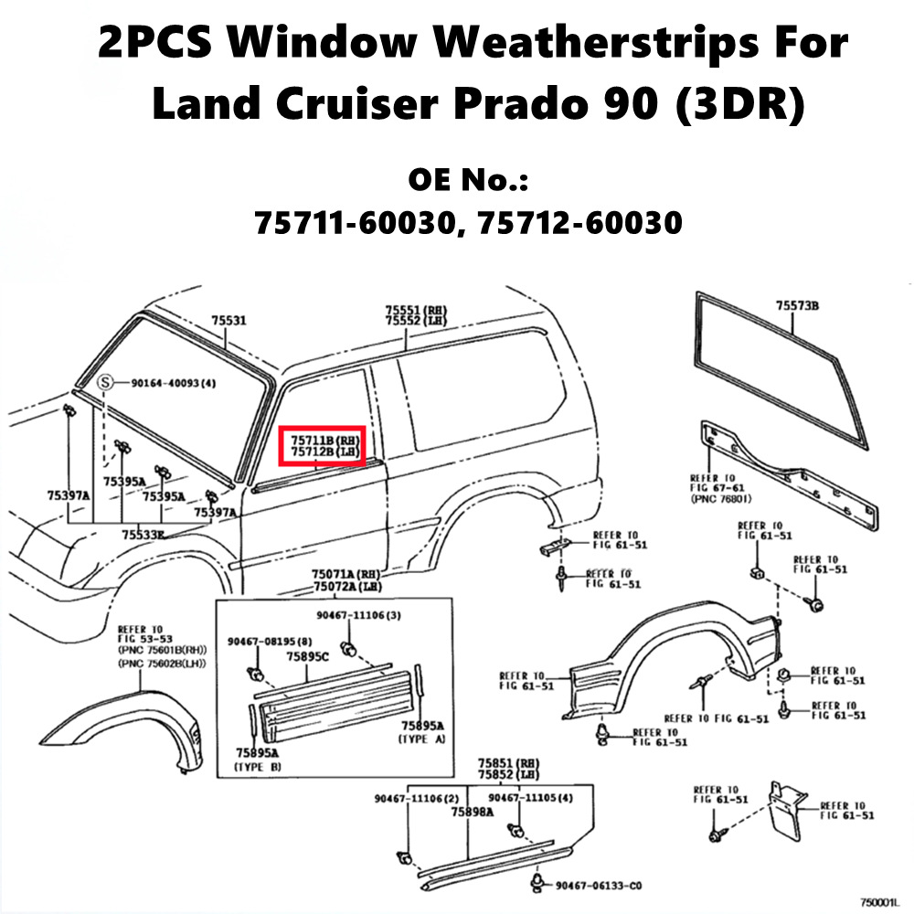 Suitable for Toyota Land Cruiser LC90 1996-2002 window trim strip, glass outer seal strip, water-blocking rubber strip