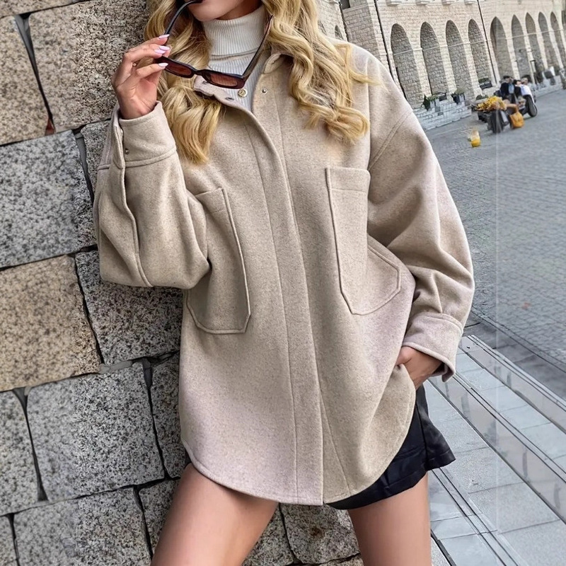 2025跨境秋冬新款欧美风女装街头时尚休闲呢料夹克翻领呢子外套女|undefined