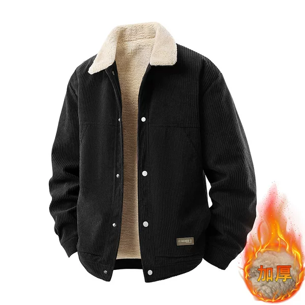 Men's corduroy lapel jacket, corduroy dad-style cotton coat, fleece-lined and thickened workwear cotton jacket, autumn and winter wear, constant temperature and warmth retention