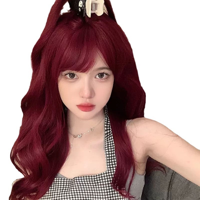 Zicen wig women's natural air bangs rose red long curly hair lolita Net red Big Wave full head cover