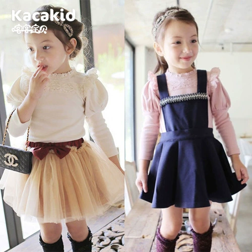 Распродажа специальная Весна и осень Девушки Сладкий кружевной топ с длинными рукавами однотонный пузырьковый рукав принцесса ветер Базовая рубашка оптом