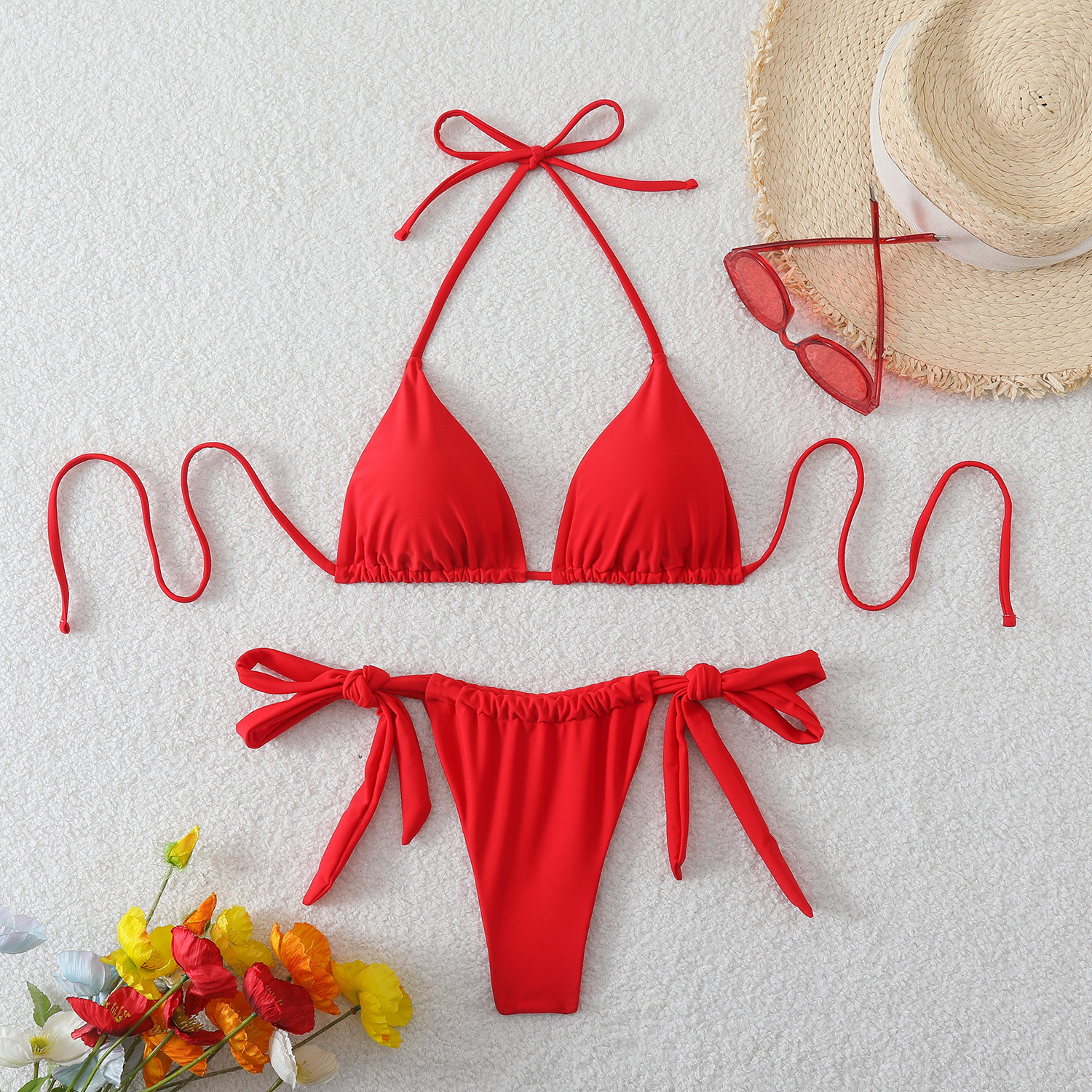 New Lace-Up Amazon Sexy Bikini European and American Export Aliexpress Women's Split Pure Color Double-Sided Swimsuit