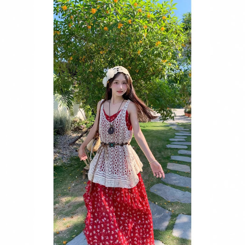 Yunnan Desert Vacation Style Irregular Red Floral Suspender Dress Women's Waist Slimming Slit Long Skirt Yunnan Desert Vacation Style Irregular Red Floral Suspender Dress Women's Waist Slimming Slit Long Skirt