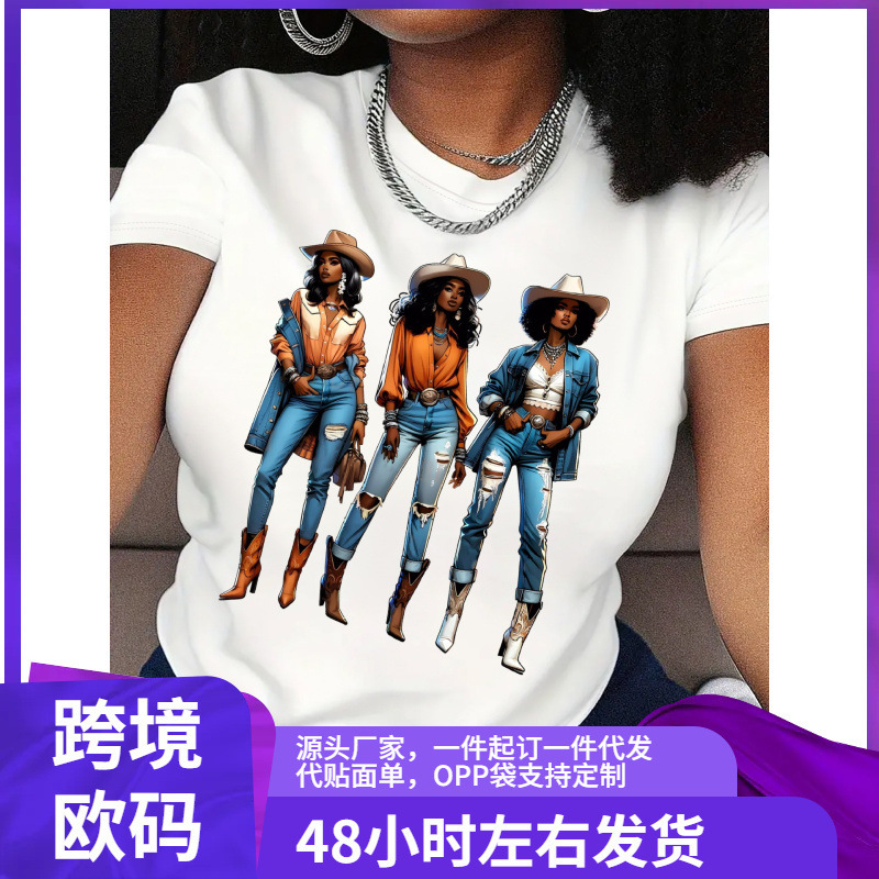 Women S Chic Cowgirl Print T-Shirt - Casual Crew Neckline, Short Sleeves, Breathable Soft, Perfect for