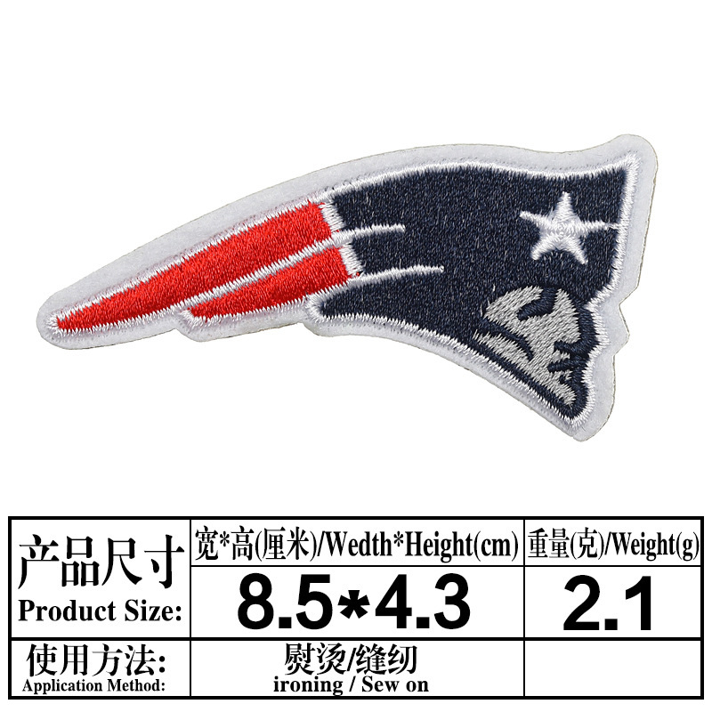 Planchado adhesivo NFL Liga Americana 32 Equipo LOGO Emblema del equipo Insignia de bordado de computadora Etiqueta engomada de tela bordada Parche de parche