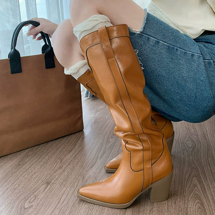 Сапоги в стиле ретро, но до колена, высокие сапоги, женские осенне-зимние новые сапоги рыцаря на толстом высоком каблуке с заостренной молнией сбоку 8 см