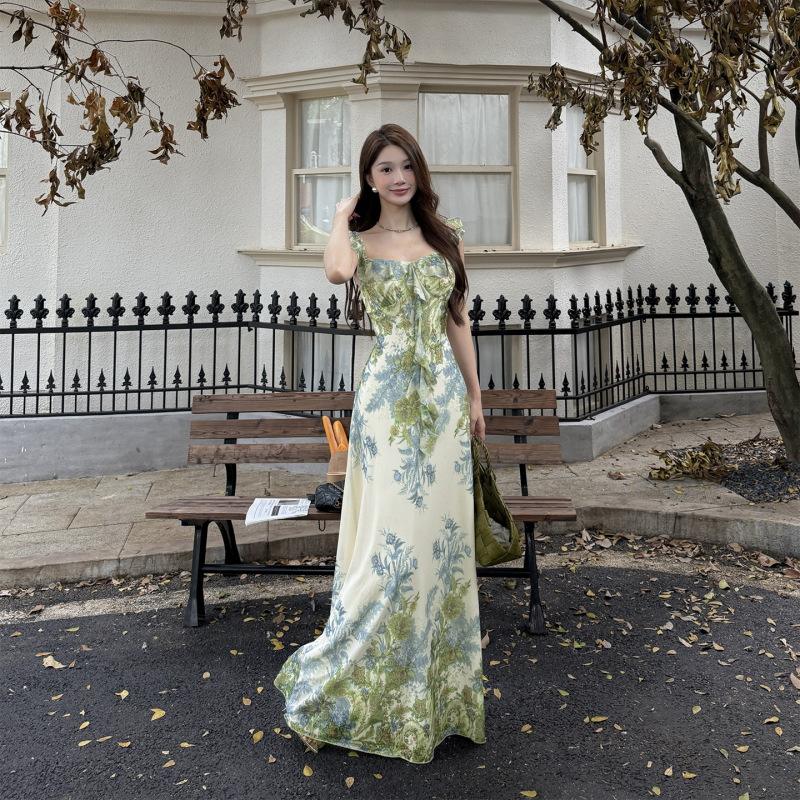 伊莉雅莫奈绿色花园荷叶边收腰连衣裙女 夏季气质优雅长裙JY25405|undefined