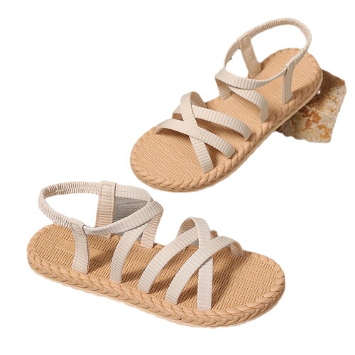 Summer New Arrival Women's Flat-Heeled Travel Sandals with Imitation Straw Weave, Outwear Jute-Soled Sandals for Women, Fashionable Trendy Wedge-Heeled Flip-Flops for Beach Use