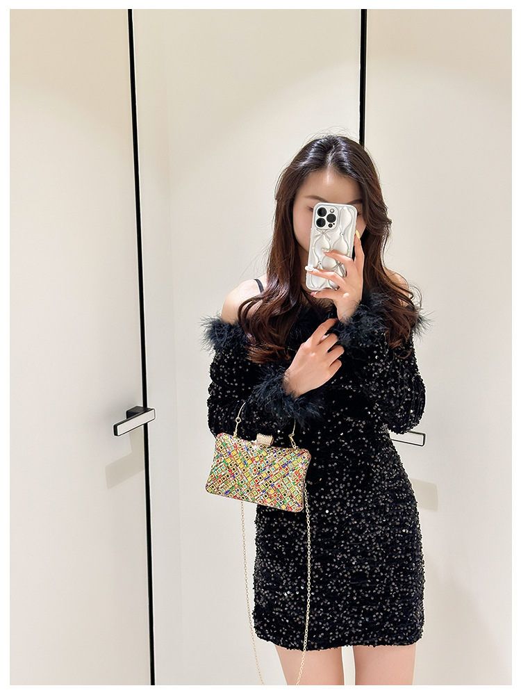High-end evening dress, lady's water diamond clutch bag, diamond-encrusted bag, colorful diamond chain cheongsam bag, evening bag, women's handbag undefined
