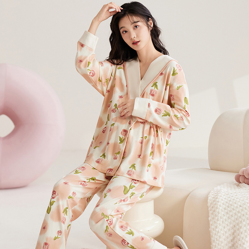 婧麒月子服十月份产后纯棉哺乳睡衣怀孕期孕妇斜襟喂奶家居服套装|undefined