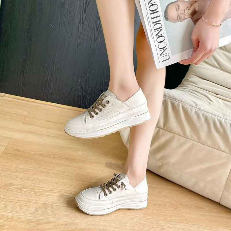 Genuine Leather Thick-Soled White Shoes for Women 2024 Spring New Heightening Casual Women's Shoes Versatile Sports Two-Wear Flats Shoes