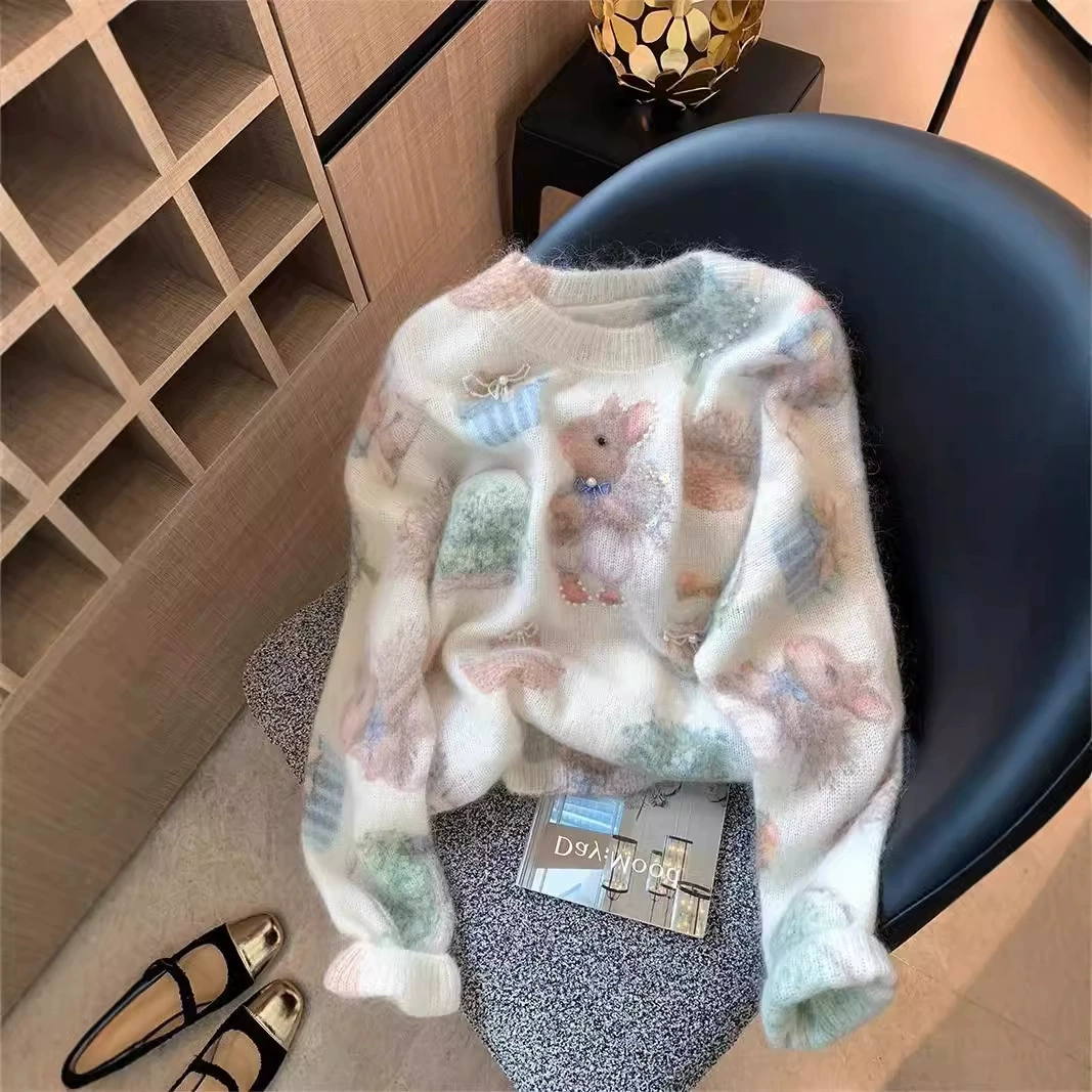 Дизайн маленький кролик бисер с принтом мохер свитер женский 2024 осень и зима новый сладкий мягкий клейкий трикотажный топ