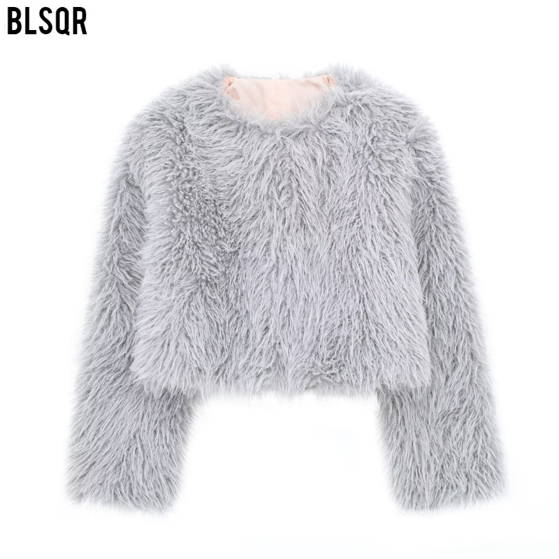 Women's winter new artificial fur effect round neck short woolen coat for women D69137_voghion.com