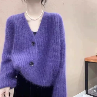 高级感~100%纯羊毛开衫女V领宽松加厚慵懒风中长款针织毛衣外套