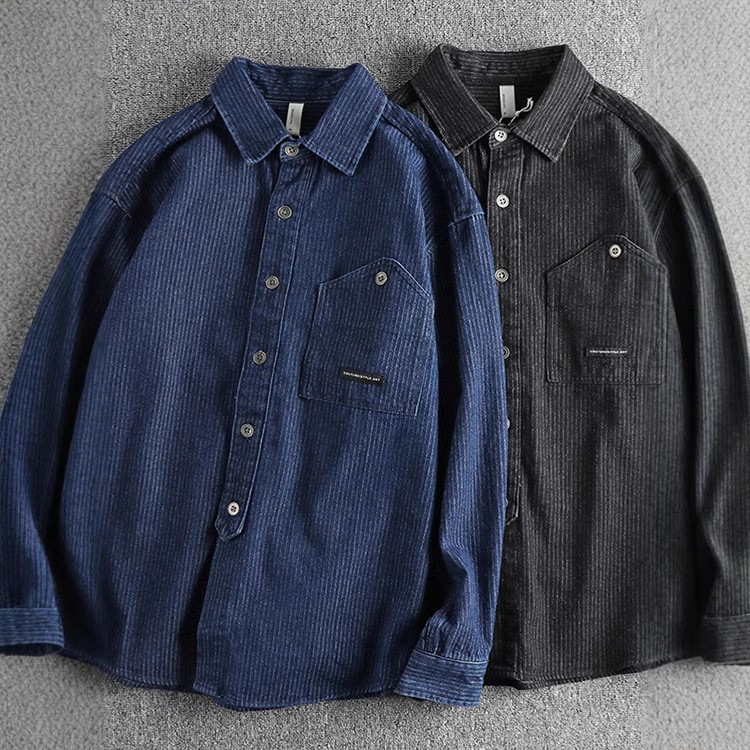 Cross-Border 2026 Retro Washed Fine Striped Denim Long-Sleeve Shirt for Men, Versatile Workwear Casual Thin Jacket for Spring and Autumn Cross-Border 2026 Retro Washed Fine Striped Denim Long-Sleeve Shirt for Men, Versatile Workwear Casual Thin Jacket for Spring and Autumn