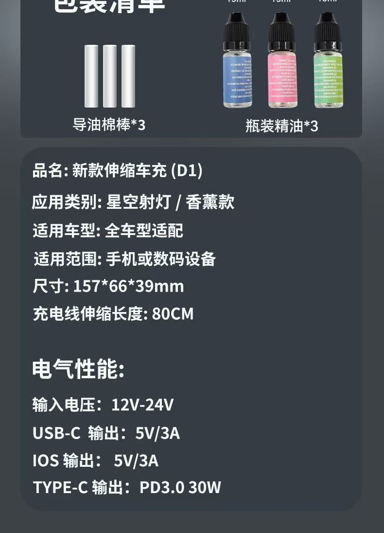 New Car Charger with Super Fast Charging, Aromatherapy Starry Sky Light, Dual Retractable Cable, Flash Charging, Alloy Perfume Spray Machine