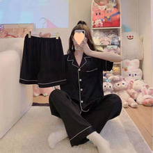 睡衣女夏季新款冰丝薄款短袖三件套高级感纯色韩版胖MM大码家居服