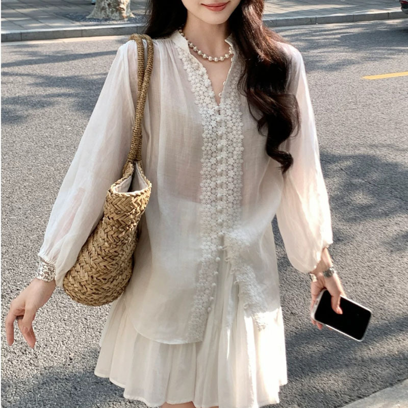 2026 New Model 100% Ramie A-Type White Stand-Collar Shirt for Women, Summer French Lace Patchwork Trim, Three-Quarter Sleeve Top 2026 New Model 100% Ramie A-Type White Stand-Collar Shirt for Women, Summer French Lace Patchwork Trim, Three-Quarter Sleeve Top