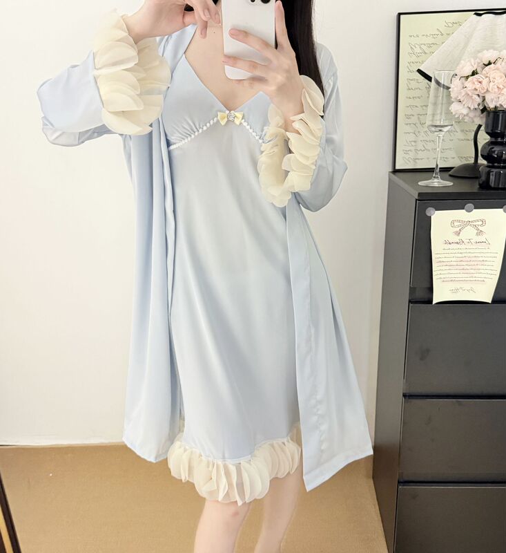 Yase【美女日常】睡衣女春夏新款花瓣冰丝纯欲感吊带长袖睡袍睡裙|undefined