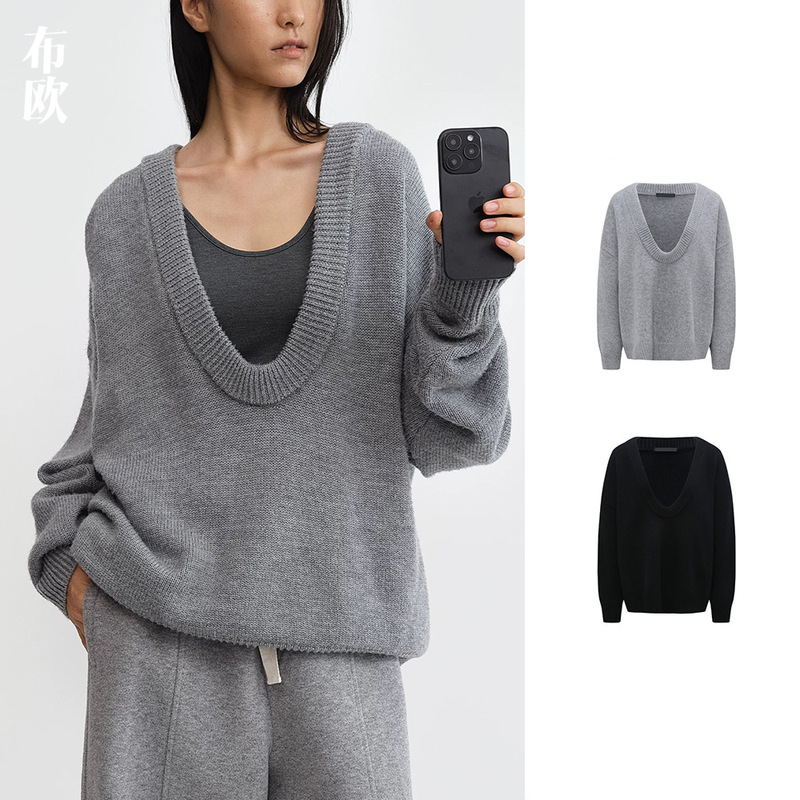 [Clearance, No Returns/Exchanges] 100% Merino Wool Yarn Nanyou Women's Deep U-Neck Loose Sweater Simple Top