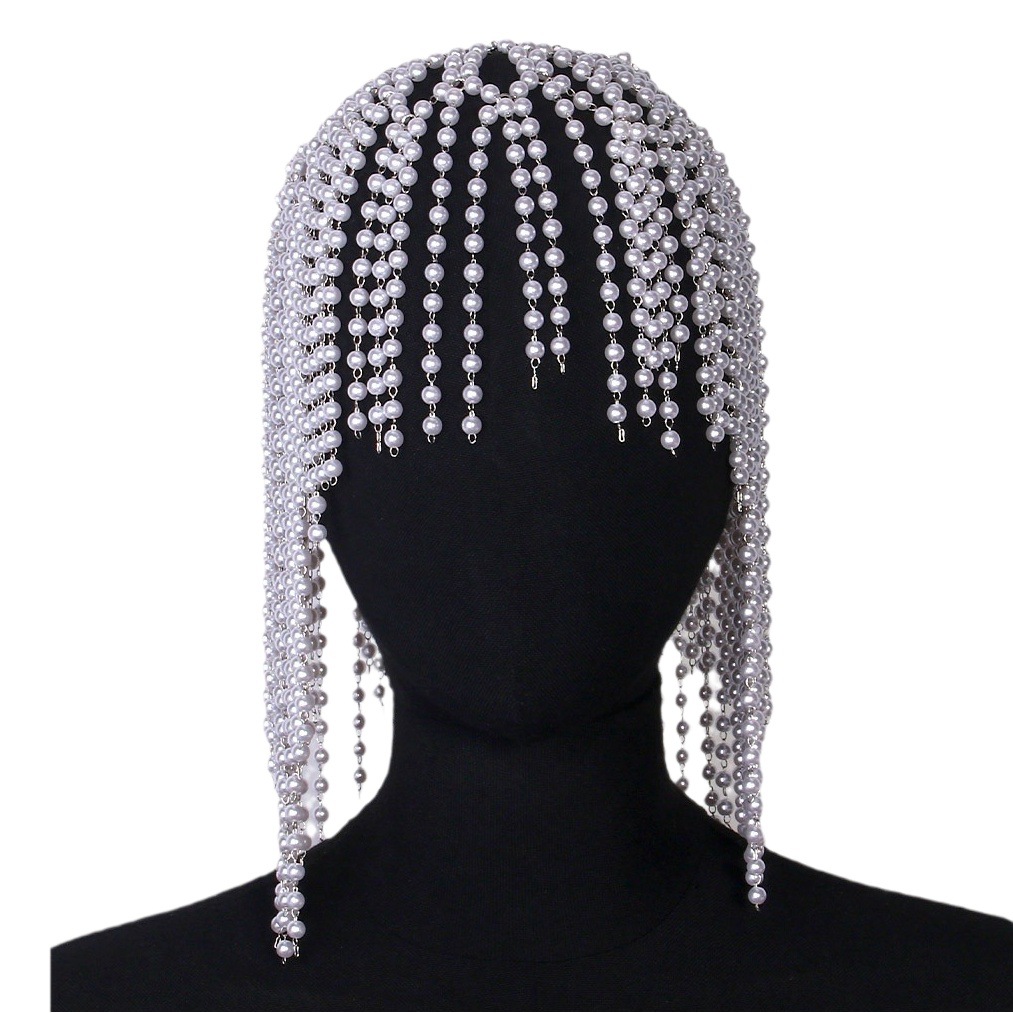 Moda europea y americana borla cadena del pelo de alto grado exagerada perla tocado accesorios para el cabello mascarada accesorios headwear