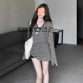 天丝罗纹复古条纹领长袖恤女夏季薄款慵懒风宽松中长款防晒上衣