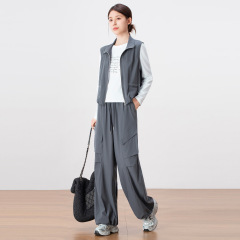 时尚休闲套装女2025新款秋季短款马甲外套打底衫工装阔腿裤三件套