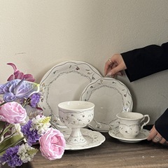 フランス中古花レリーフ陶磁器皿高颜値洋食デザートケーキ皿コーヒーカップ皿高脚フルーツ皿
