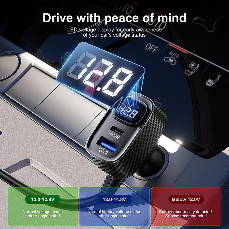 Multifunctional car charger with retractable cable, digital display, high-power car charger, fast charging
