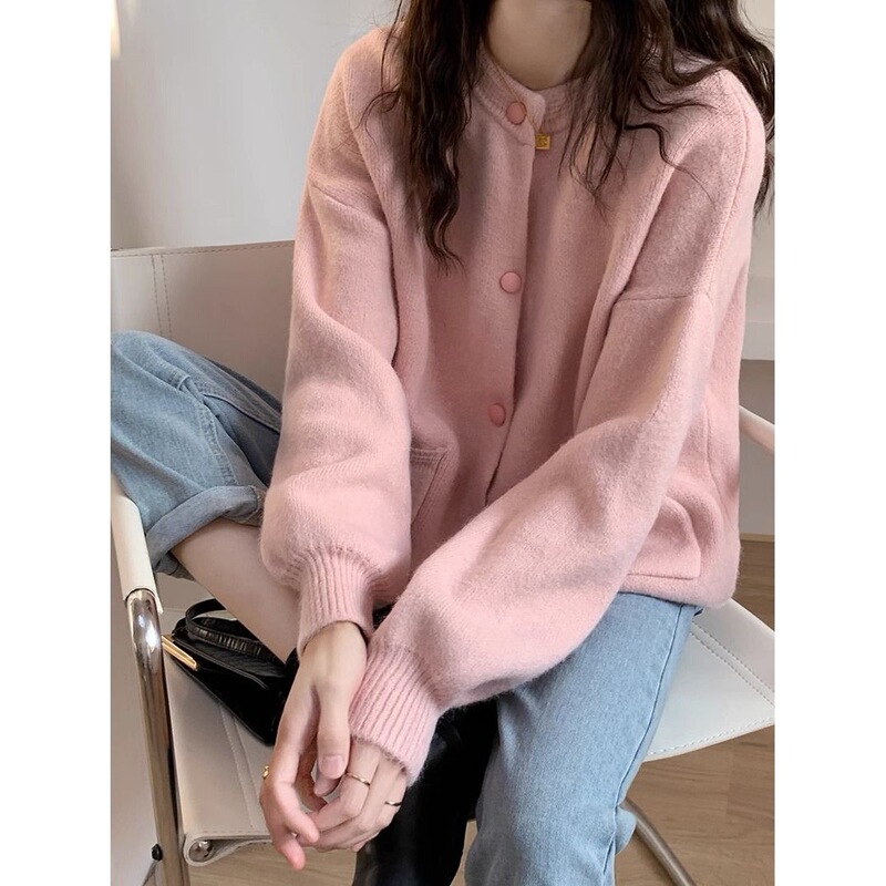 Knitted Cardigan New Style Women's Spring and Autumn Sweater Round Neck Solid Color Button Pocket Knitwear Outerwear Top