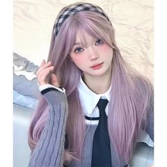 Process hair wig for women, gray-purple, small and the same style, long straight hair, round face, natural, daily, fashion blogger, full head cover hair wig