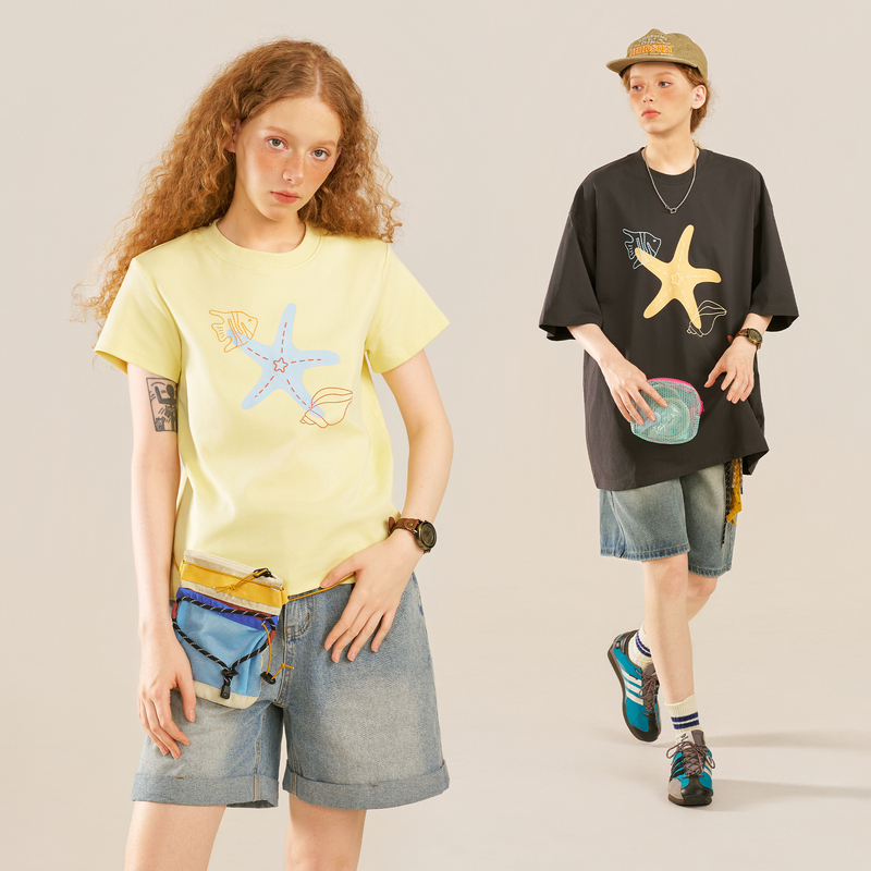 Beetle Town Underwater World Starfish Print Short Sleeve T-Shirt Women's Summer Casual Couple's Wear Casual Top Men's