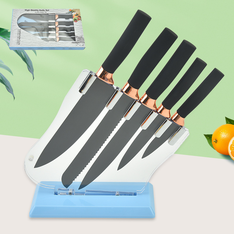 Juego de cuchillos de acero inoxidable, mango recto de oro rosa brillante, cuchillo de seis piezas, versión de techo corredizo, soporte de cuchillo acrílico, caja de color