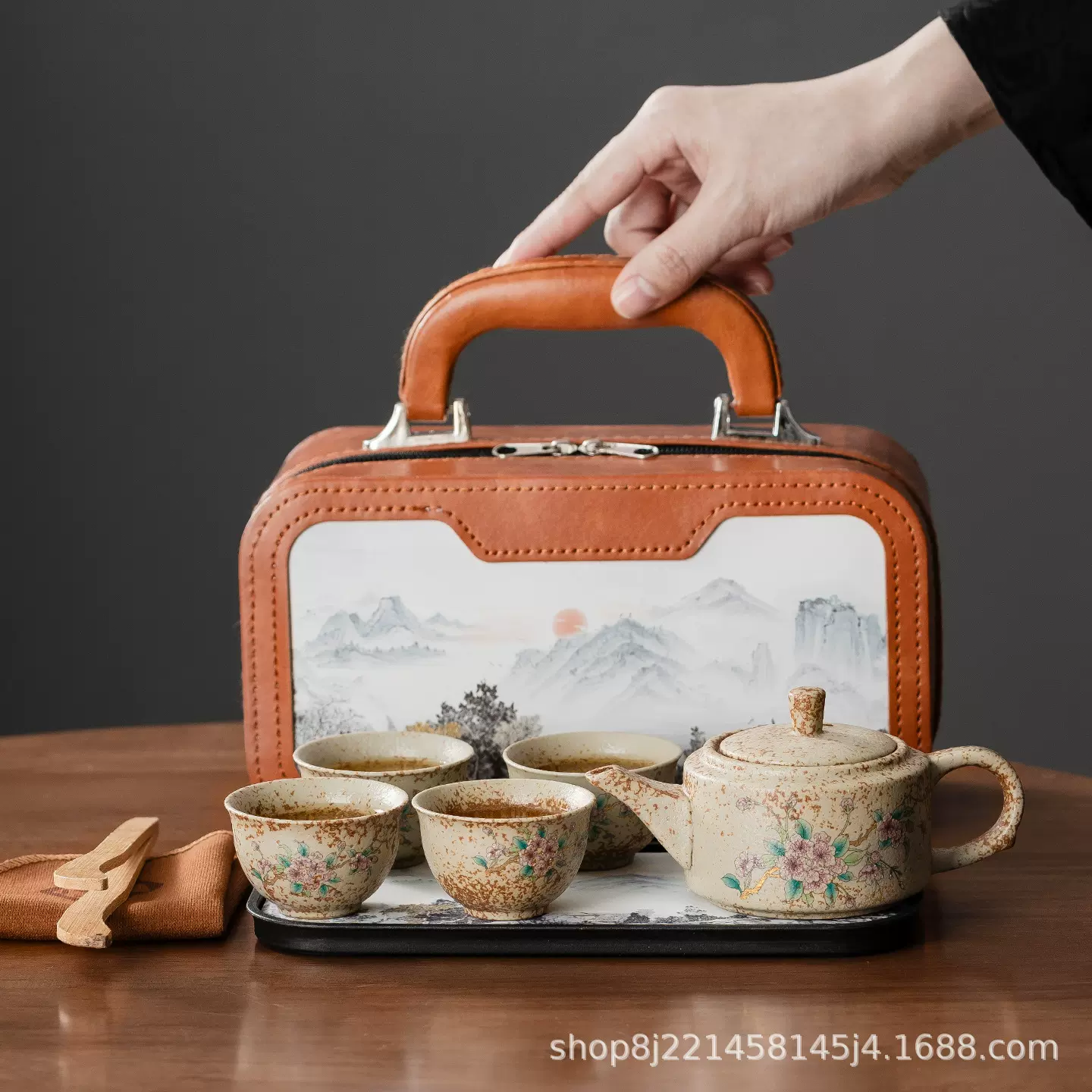 青花火石红茶具套装一壶四杯带茶盘功夫茶具开业礼品商务伴手礼