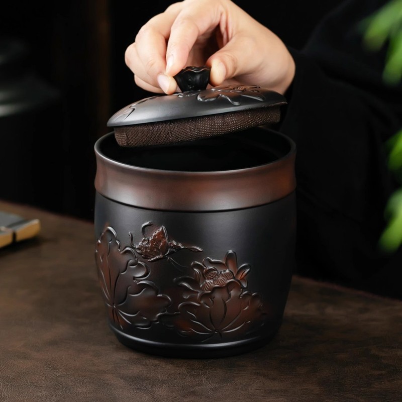 紫陶茶叶罐密封罐陶瓷紫砂大中号荷花醒茶罐普洱储存罐防潮家建水|undefined