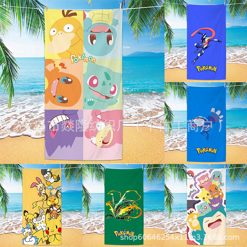 Cross-Border Best-Selling Children's Pokémon Beach Towel, Ultra-Fine Fiber Cartoon Quick-Dry Bath Towel, Printed Vacation Beach Towel