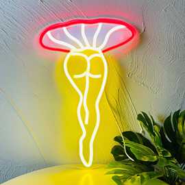 外贸亚马逊LED霓虹灯蘑菇女人造型灯酒吧房间墙壁装饰发光图挂件