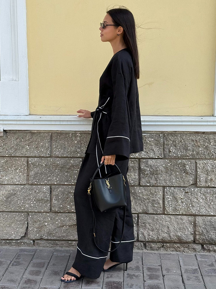 Bộ đầm hai món nữ áo cardigan cổ chữ V dài tay phối quần ống rộng — Màu be, Xanh lá cây, màu đen