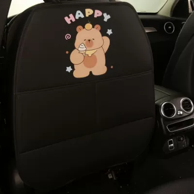 rear seat of the car, Chair back anti-kick pad - black-background-heat-transfer-print-happy-bear-long-style-one-piece