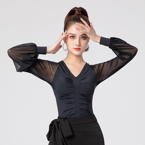 New nylon Latin dance practice clothes for women, lantern long sleeves, fashionable modern dance tops, ballroom dance clothes