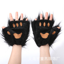 新款cosplay派对万圣节时尚配饰可爱熊掌手套毛绒露指猫爪手套