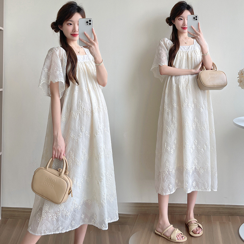 Real shot in stock 2024 summer white lace temperament female temperament small pregnant women long dress Real shot in stock 2024 summer white lace temperament female temperament small pregnant women long dress