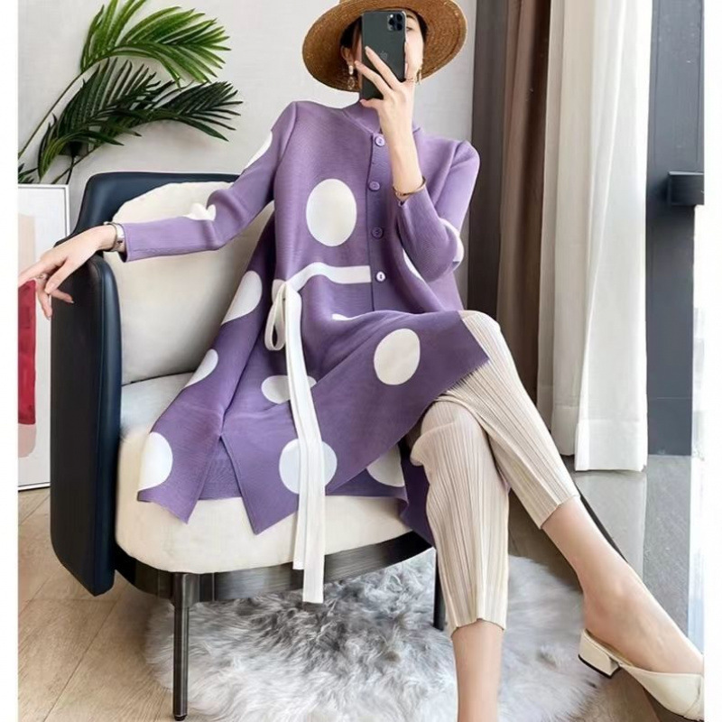 三宅褶皱淑女风衣外套2024春秋单排扣立领轻熟印花波点三宅风衣