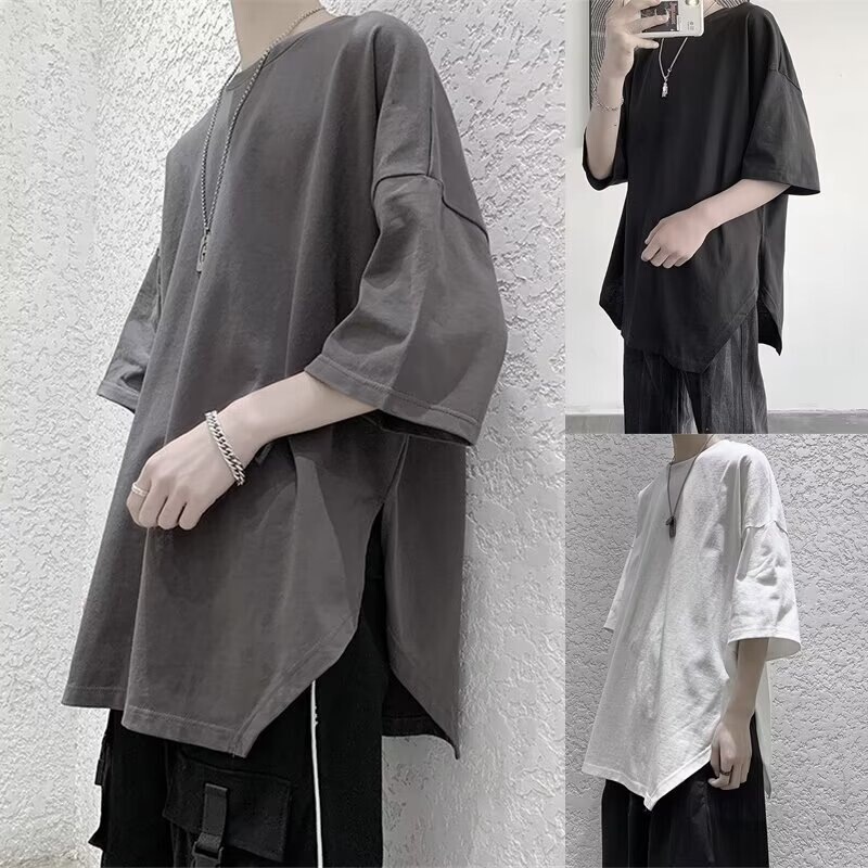 Salt-Style Boyfriend Style Heavyweight Short-Sleeve T-Shirt for Men, Summer Men's Fashion with Slit Design, Loose Fit, Trendy and Stylish Top Salt-Style Boyfriend Style Heavyweight Short-Sleeve T-Shirt for Men, Summer Men's Fashion with Slit Design, Loose Fit, Trendy and Stylish Top