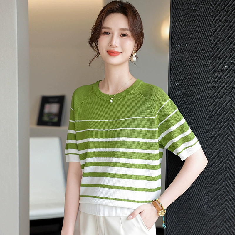 Женская летняя футболка среднего возраста с короткими рукавами, свободная большая мама 40 лет, вязаная рубашка в полоску