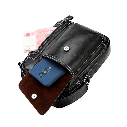 Factory Direct Sale Head-Layer Calfskin Men's Single Strap Crossbody Bag New Men's Bag Vertical Phone Bag Large Capacity Single Strap Bag
