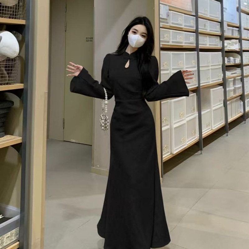 Plus Size French High-End Cheongsam Dress Chinese Style Autumn and Winter Improved Hepburn Beige Skirt Waist-Cinching Skirt